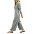 thumbnail image 5 of TEAJOPSUU Womens Waffle Knit Jumpsuit Long Sleeve Button Henley Neck Wide Leg Long Romper with Pockets Casual Loungewear Gray, 5 of 7