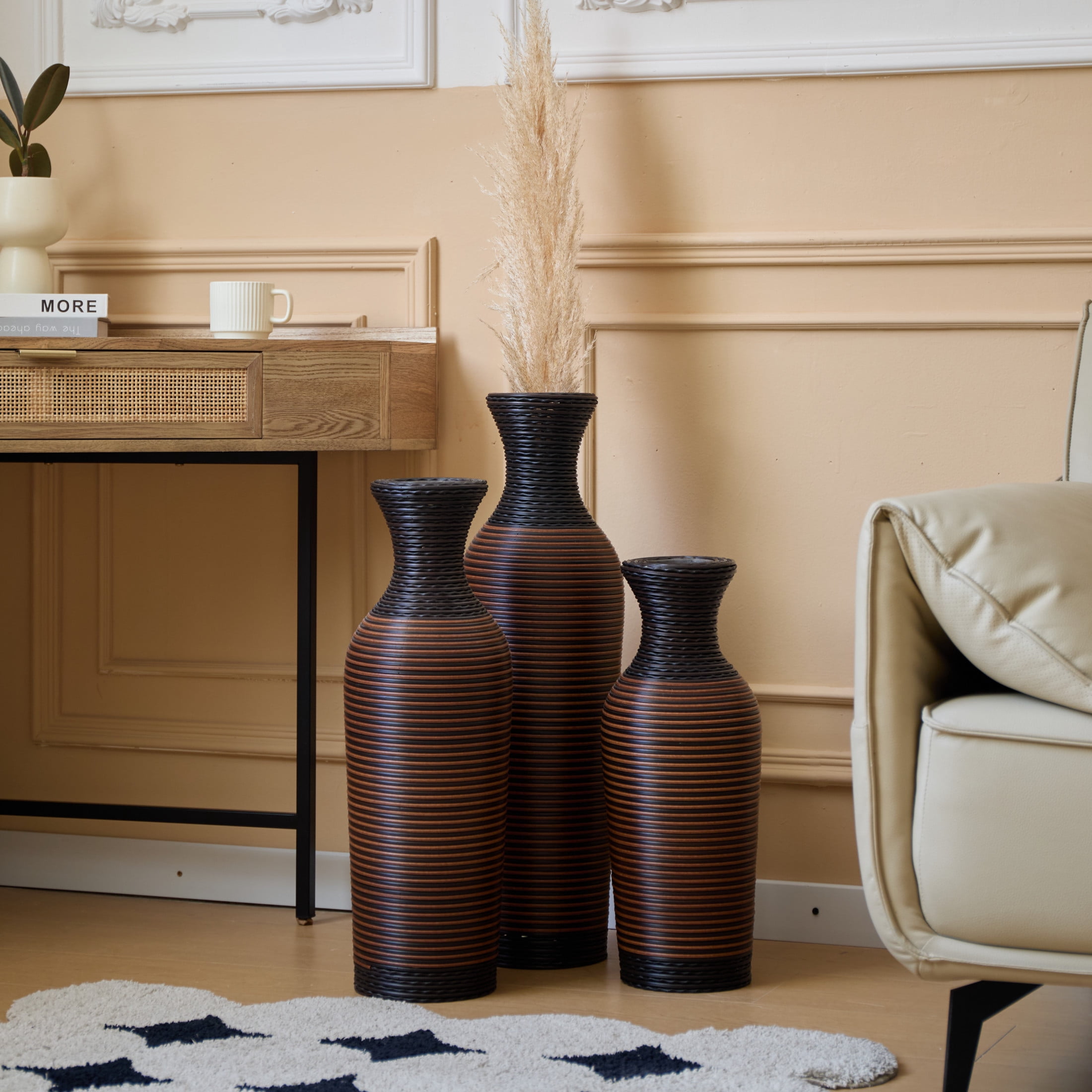 Noble House 19.69", 23.62", 27.56" PVC Floor Vase Set of 3, Hand-Woven Rattan-Like, Black + Brown