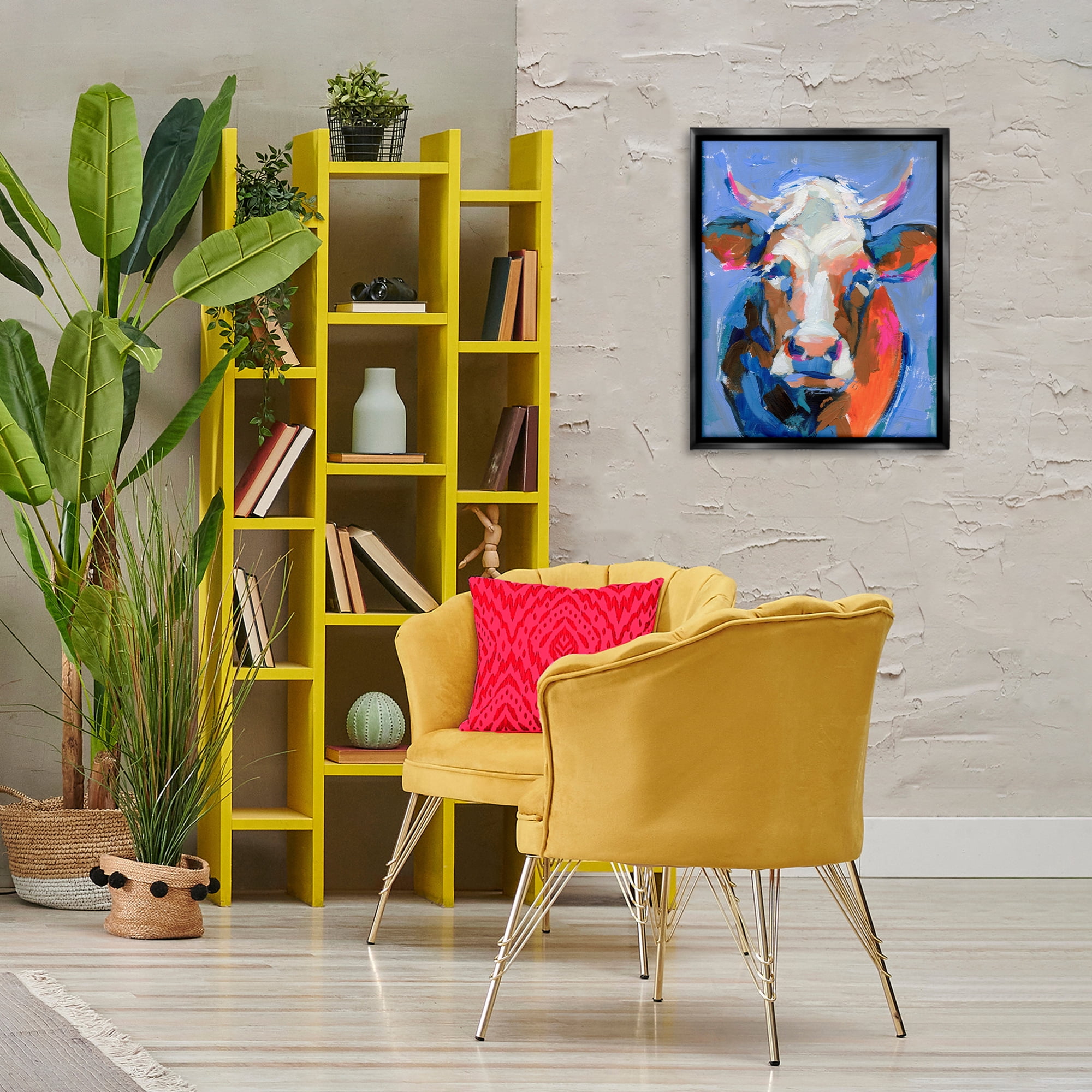 Stupell Industries Bold Paint Strokes Cow Animals & Insects Painting Black Floater Framed Canvas Art Print Wall Art, 17 x 21