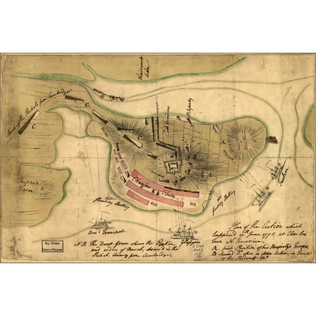 24"x36" Gallery Poster, map of action 17 June 1775 Charles Town boston