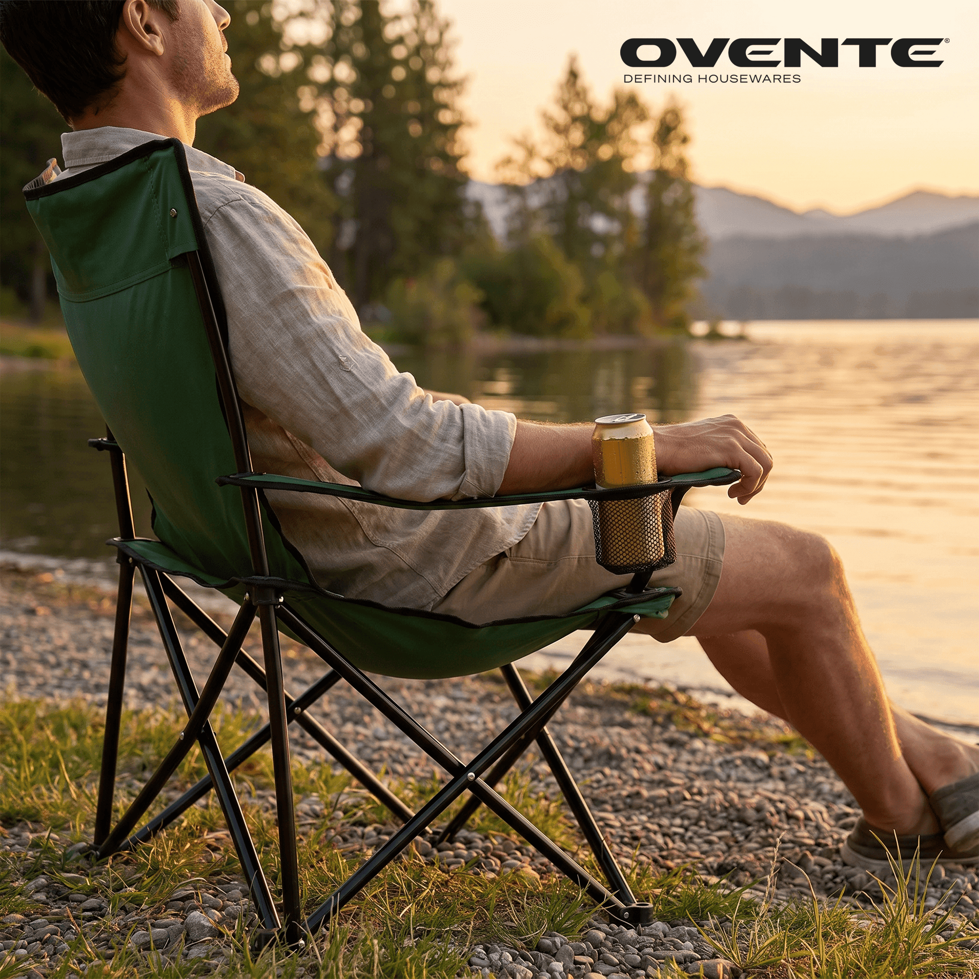 OVENTE Portable Camping Folding Chair with Heavy Duty Steel Frame, Arm Rest, Mesh Cup Holder and Carry Bag, Outdoor Foldable Seat Ideal for Fishing, Hiking, Travel, Picnic and Beach, Green CHR001G