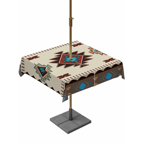 Outdoor Tablecloth with Umbrella Hole and Zipper, Boho Southwest Square Table Cloth 60x60 Inch Waterproof Tablecloth, Farmhouse Aztec Tribe Brown Blue Plaid Picnic Table Cover for Patio Camping