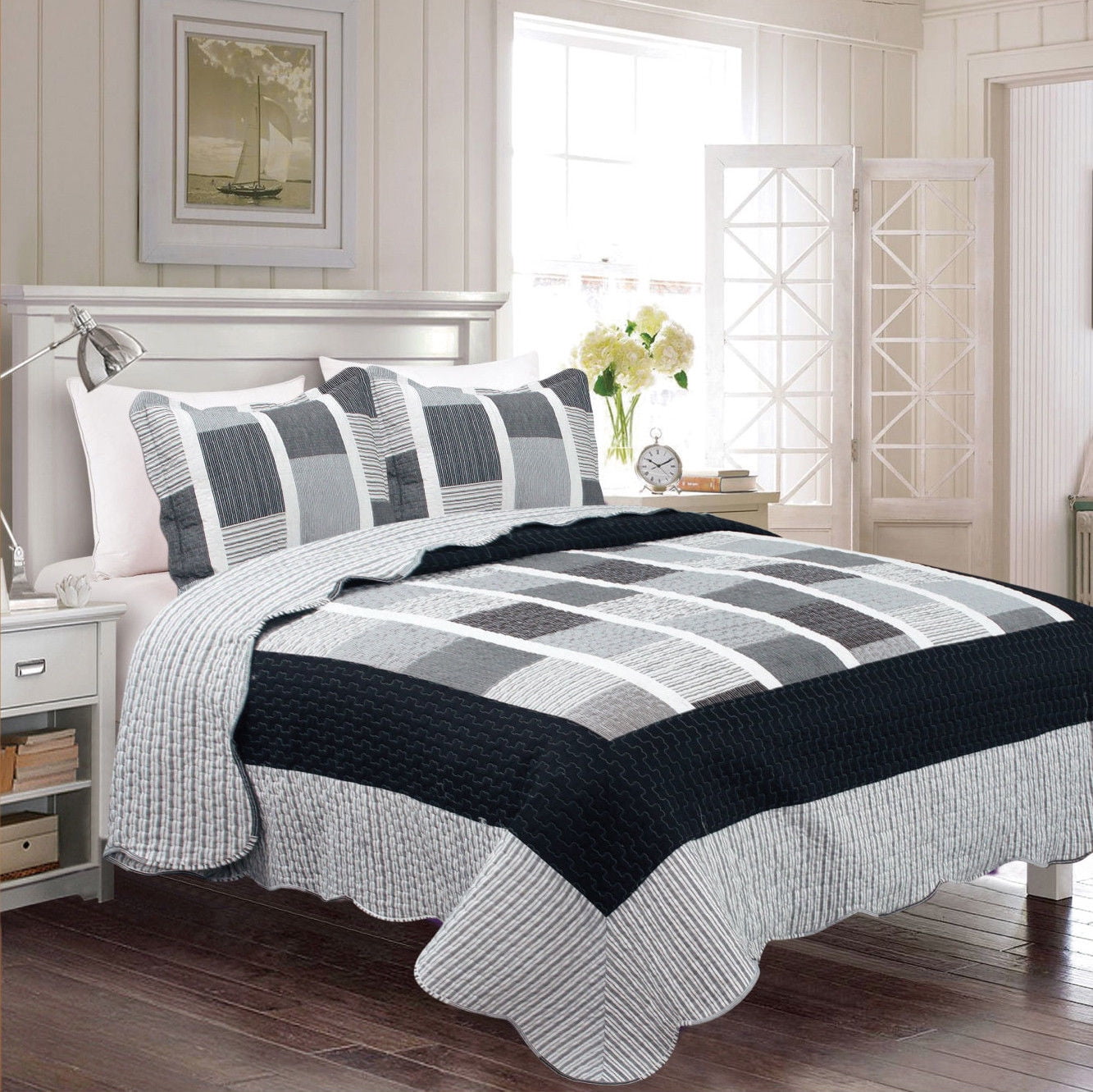 Fancy Linen 2pc Twin Reversible Bedspread Black Grey Stripe Squares New Aubrey