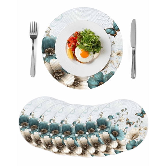 Teal Tulip Butterfly Round 13 Inch Placemats Set of 8, Beige Turquoise Floral Blue Coastal HeatResistant Non Slip Place Mats for Dining Table, Wipeable Braided Kitchen Table Mats for Housewarming