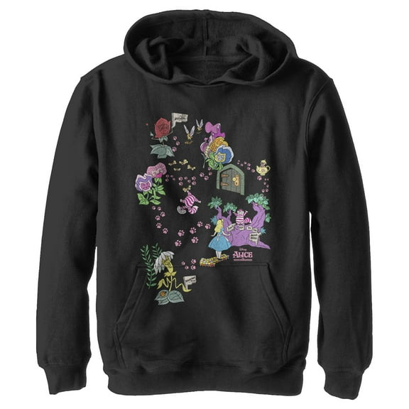 Boy's Alice in Wonderland Map Of Cheshire Cat Paw Prints  Pull Over Hoodie Black Medium