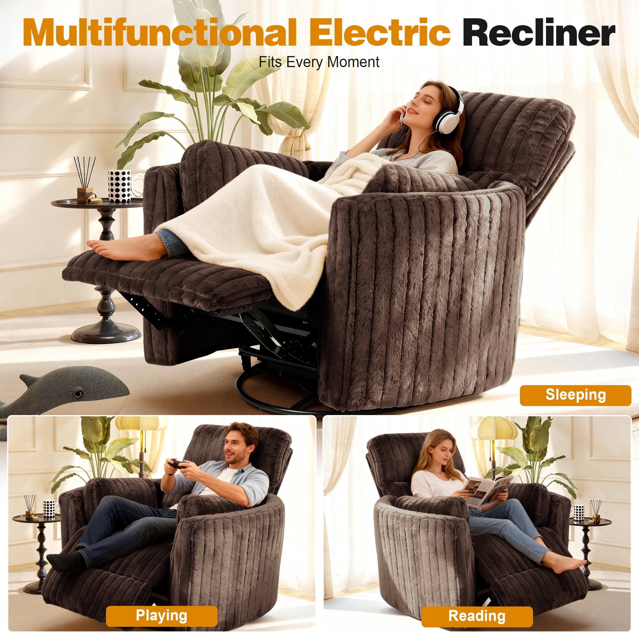 Aukfa Swivel Rocking Glider Power Recliner Chair with 24" Wide Seat & Type-C & USB Ports, Brown