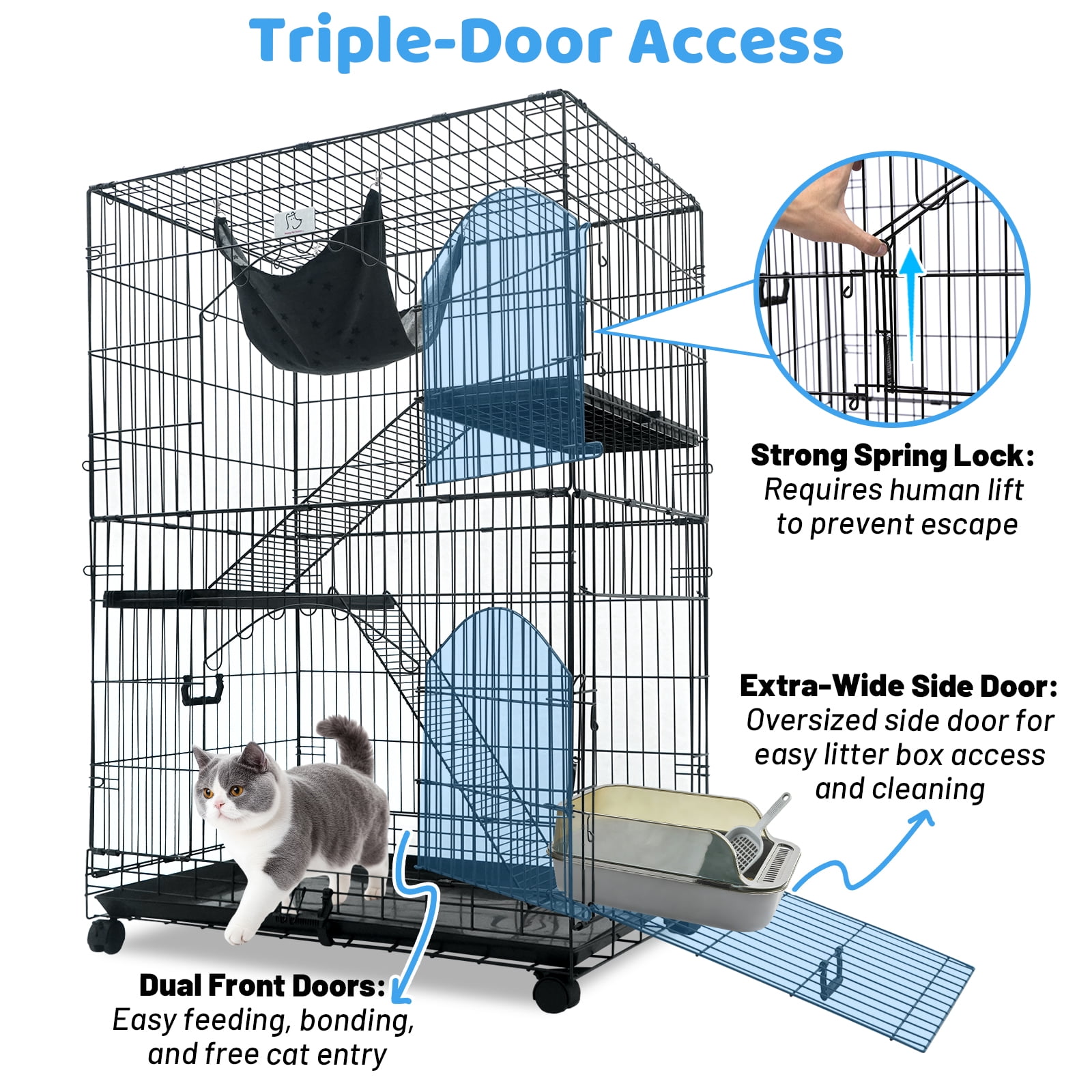 Homey Pet 51 Inch Cat Cages Indoor, 3-Tier Cat Crates for Indoor Cats, Collapsible Metal Wire Large Cat Kennel Big Multi-Level Kitten Crate with Wide Side Door, Plastic Platform, Ramp, 360° Wheel