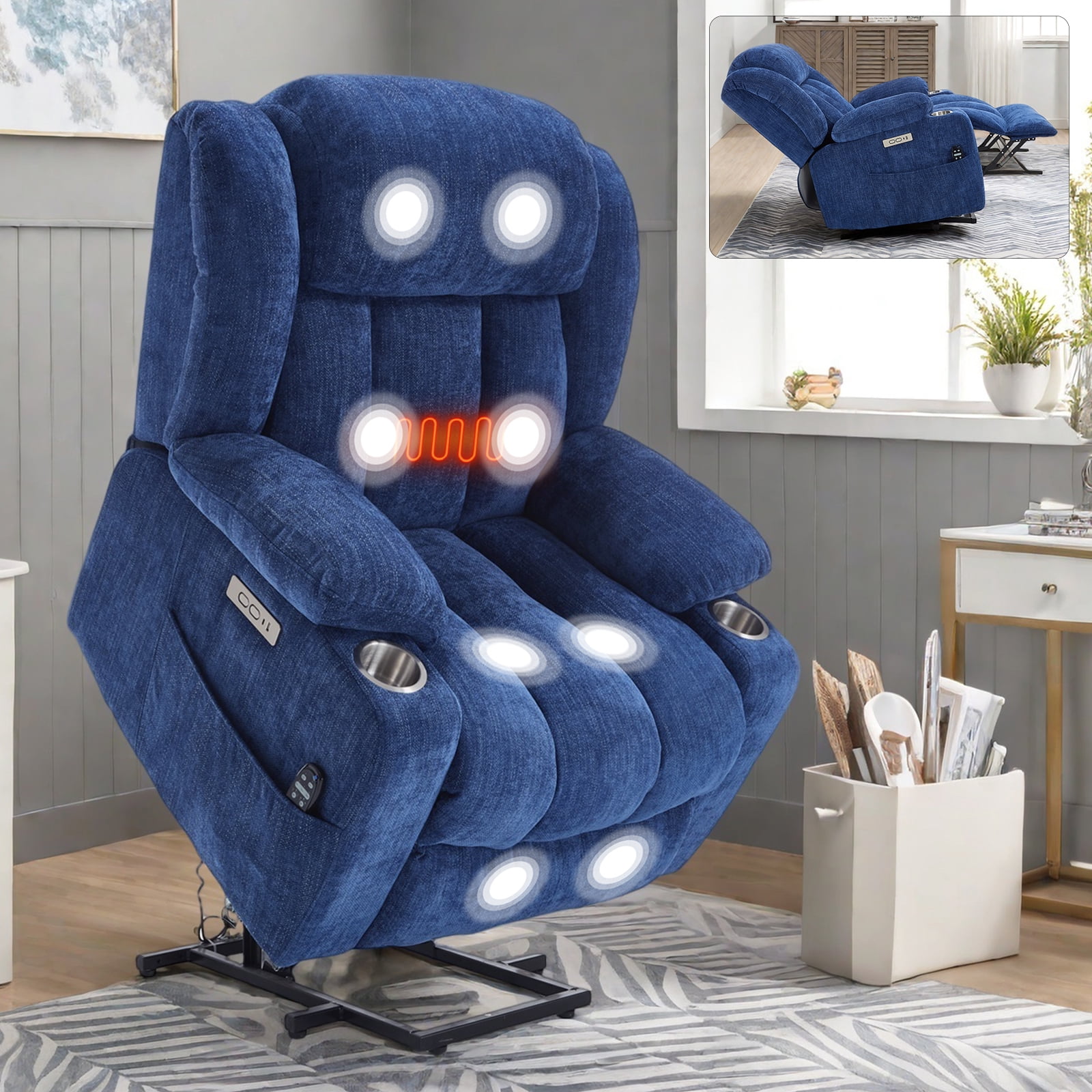 Power Lift Recliner Chair with Heat and Massage, 8-Point Vibration & Lumbar Heat, 350LB Capacity, Infinite Position, USB Charger, Side Pockets, Soft Fabric for Elderly, Dark Blue