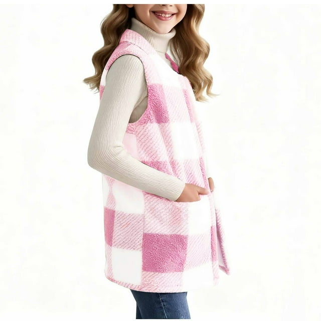 Zecgelong Gilet en Molleton Réversible pour Filles, Décontracté, Col Rond, Sans Manches, Veste avec Poche, Doux et Chaud, Vêtement d'Extérieur pour Tout-Petits, Enfants, Jeunes Filles, Hauts Courts, Taille 13-14 Ans