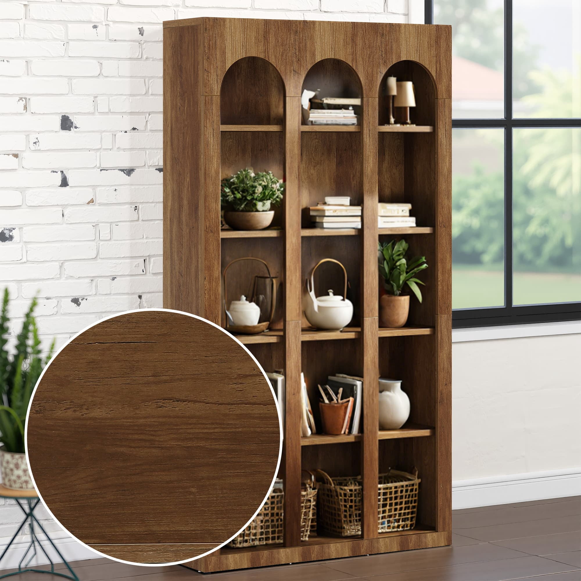 MAYEERTY Farmhouse Arched 5-Tier Tall Bookcase, 70.8" Wide Curved Top Open Display Storage Rack