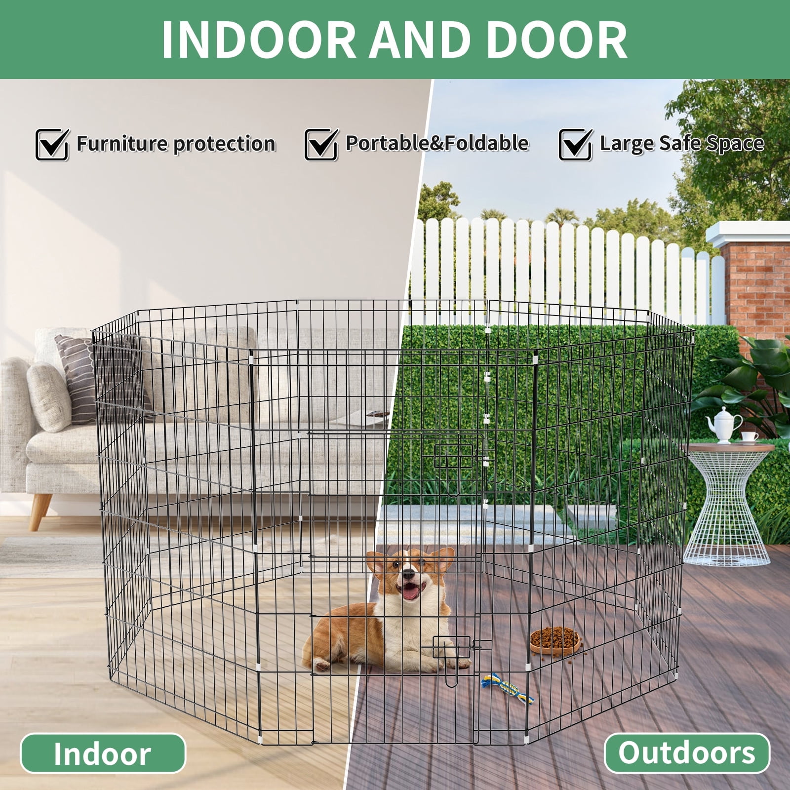 ZephyPaws Dog Playpen,8 Panels Foldable Metal Puppy Playpen with Door,Dog Pen for Outdoor,24x36in