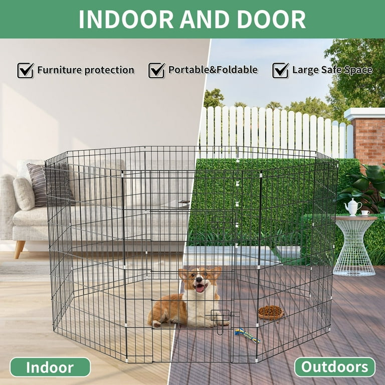 HiiKaa Puppy Playpen,8-Panels Foldable Dog Pen with Door,Indoor