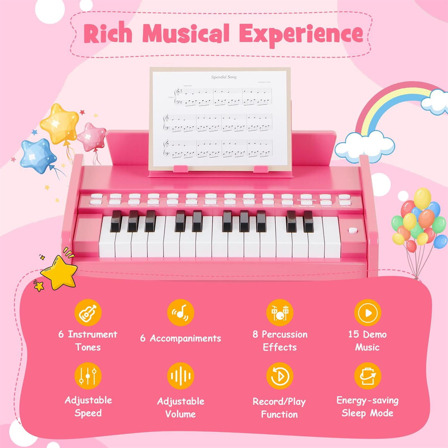 Spaco 25-Key Piano Keyboard, Non-Slip Foot Pads, Adjustable Speed & Volume, Pink