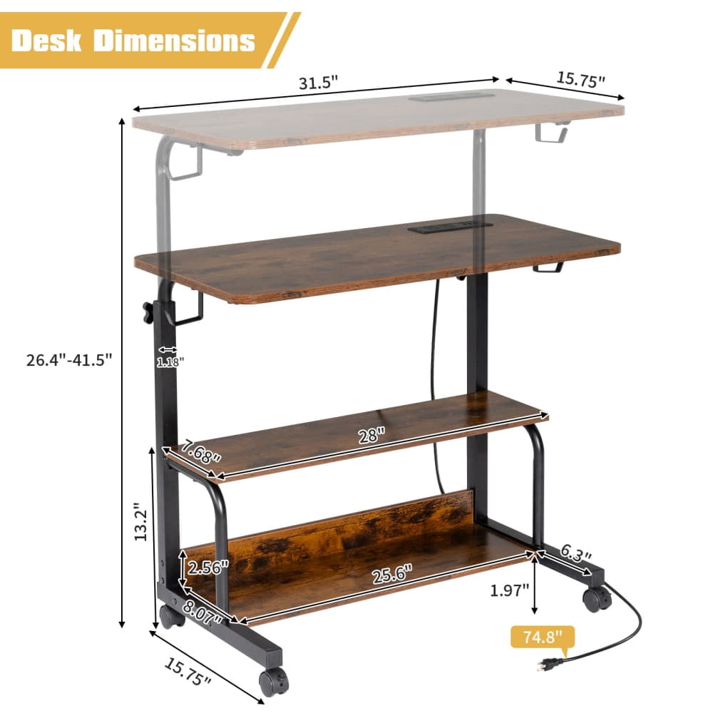 Hassch Portable Rolling Desk with Charging Station on Wheels, 26.4"-41.5" Height Adjustable Computer Desk with Storage Shelves for Home Office, Portable Writing Desk for Small Space, Brown