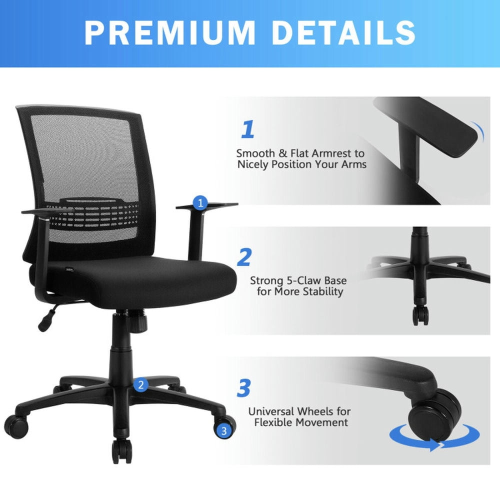 Demi Bonn Adjustable Mid Back Mesh Office Chair with Lumbar Support for Home, Bedroom, Study, Rolling Work Computer Desk Chair, Black