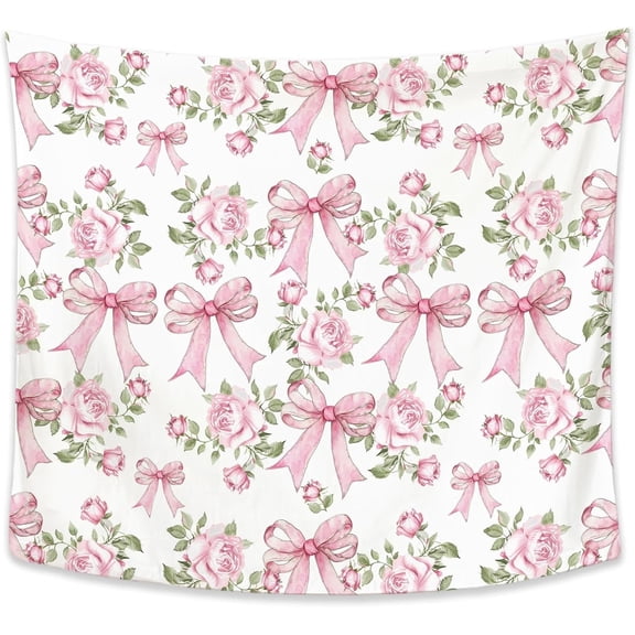 Pink Bow Tapestry Coquette Girly Room Decor Pink Bow Aesthetic Tapestries Galentine's Day Wall Blanket for Girls Room Bedroom Dorm Apartment Decor, 50x60 Inch