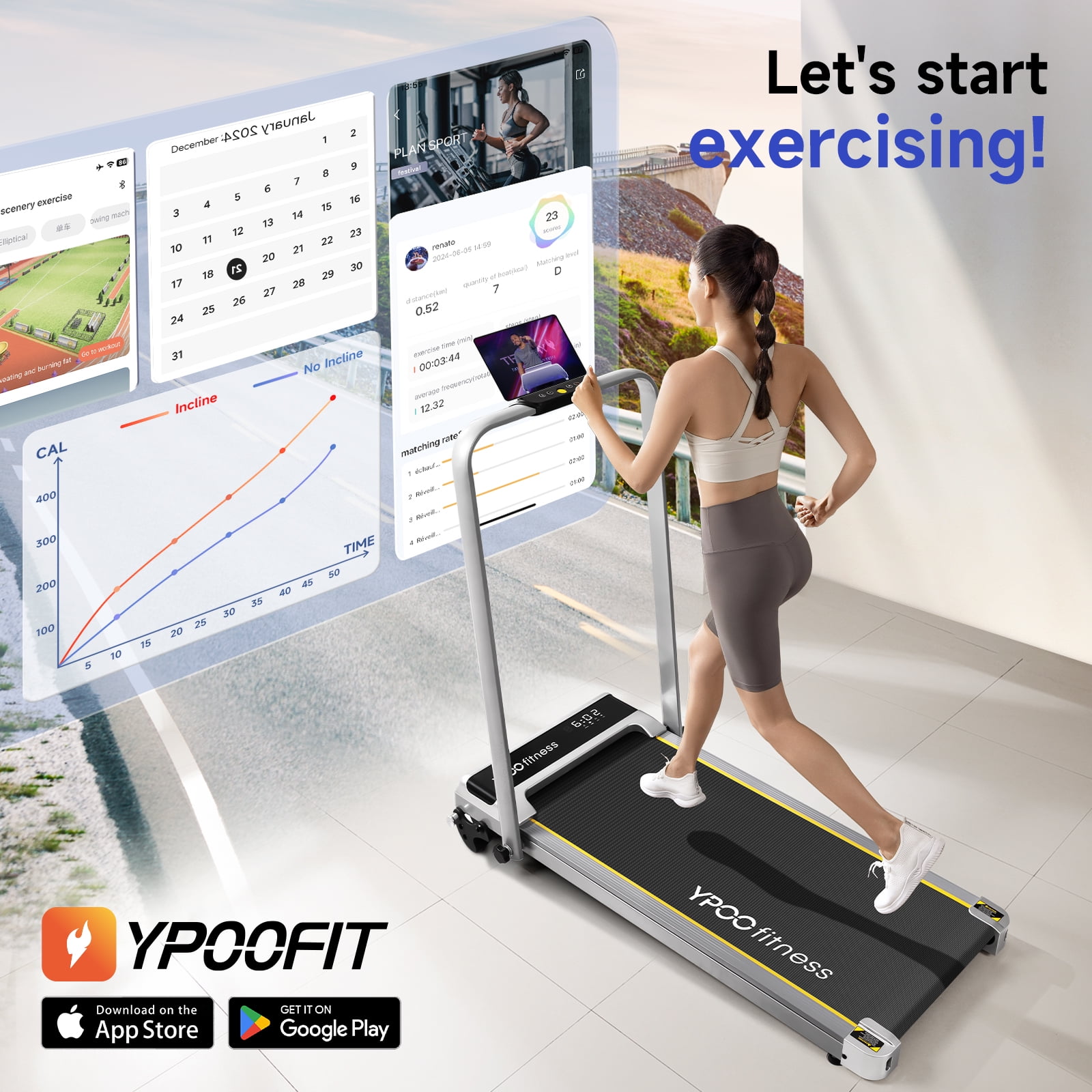 YPOO Folding Walking Pad Treadmill with Incline and Handle, 3-Window Display, Dual Use Home/Office Fitness Equipment, 300 lb Capacity, Silver