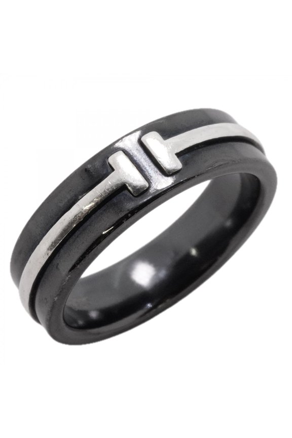Pre-Owned Tiffany & Co. T TWO Ring, Sterling Silver 925, Titanium, Black, Size 14, Women's