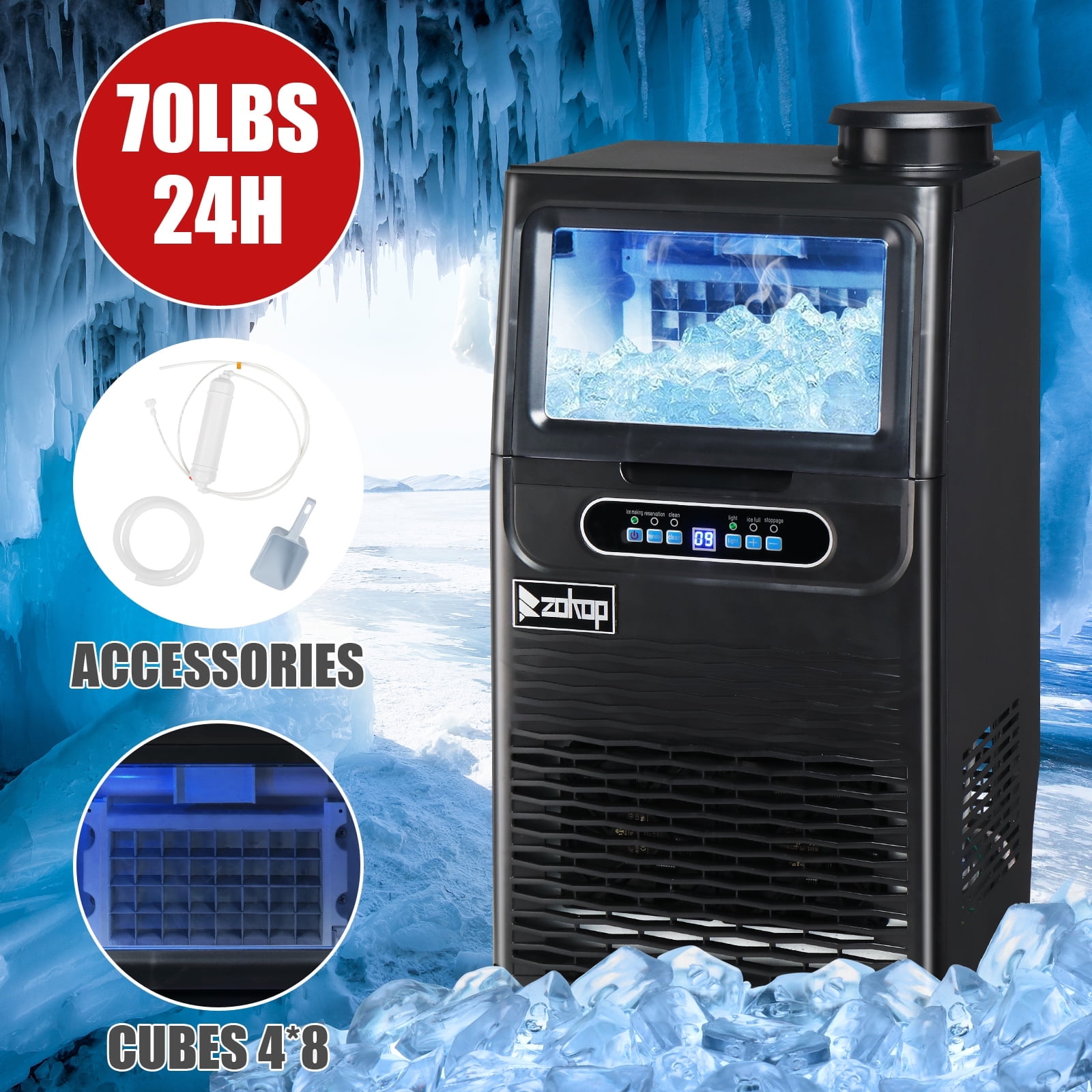 Ktaxon Stainless Steel Commercial Freestanding Ice Maker Machine, 70lbs/24h, Black