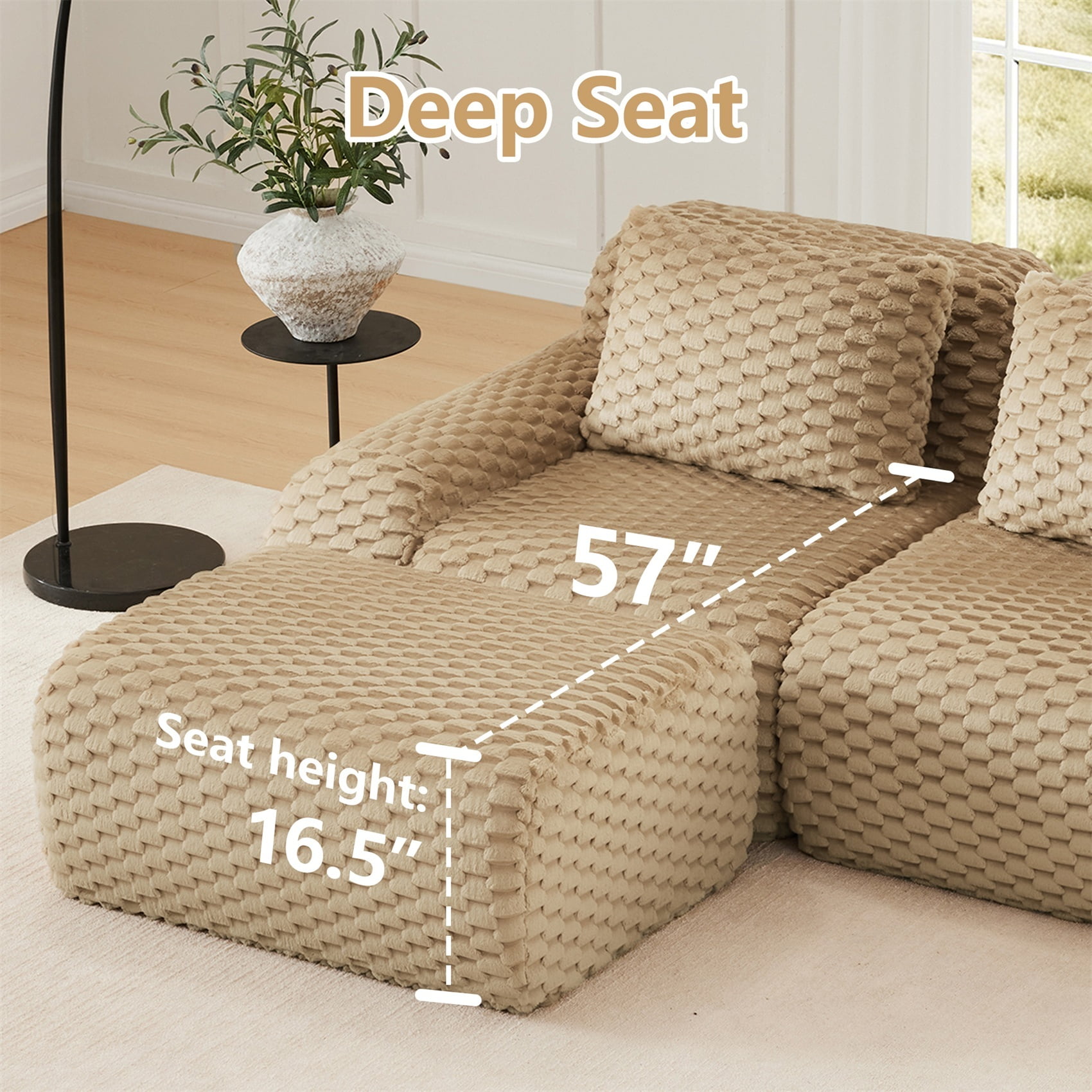 Alvantor 146" Cloud Modular Sectional Sofa with Movable Ottoman, U Shaped Deep Seat Flannelette Boneless Couch for Living Room Bedroom Light Camel
