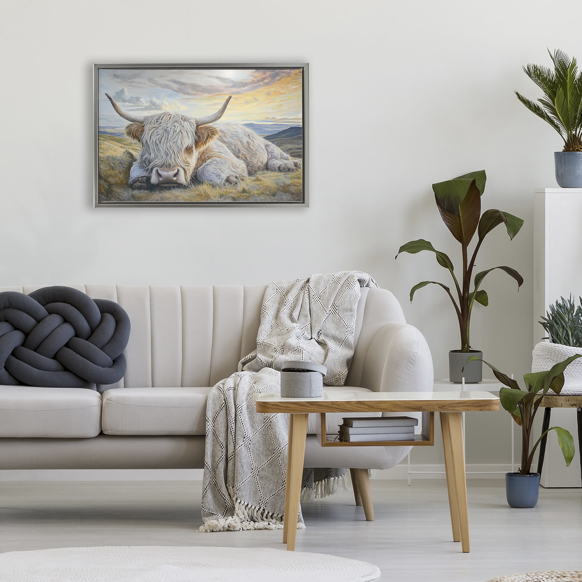 Stupell Industries Sleeping Highland Cow Pastoral Gray Framed Floater Canvas Wall Art, design by The Wands Want