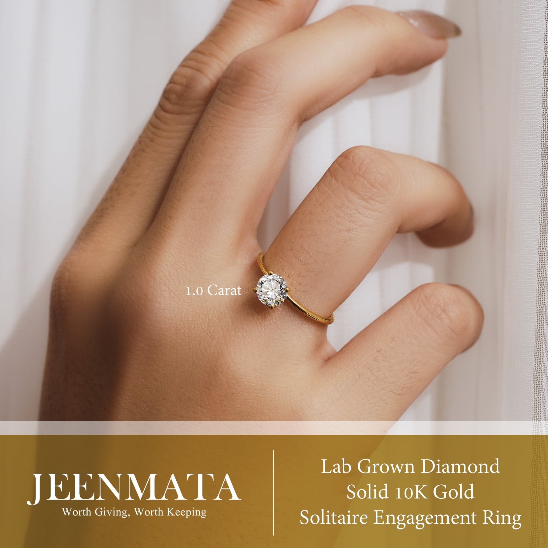 JeenMata Lab Grown Diamond 1 Carat Round Cut Solitaire Engagement Ring in Real Solid 10K Yellow Gold for Women, Gift for Her, Female, Girlfriend
