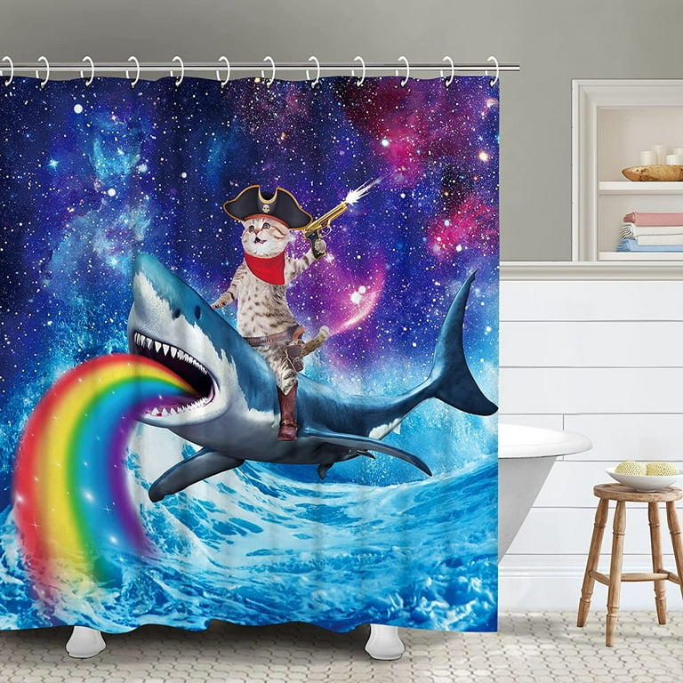 Funny Shower Curtain, Cat Shower Curtains Set with 12 Hooks, Waterproof  Cool Shower Curtain, Decor Cat Whale Shark Bathroom Curtain, 72”x72“ 
