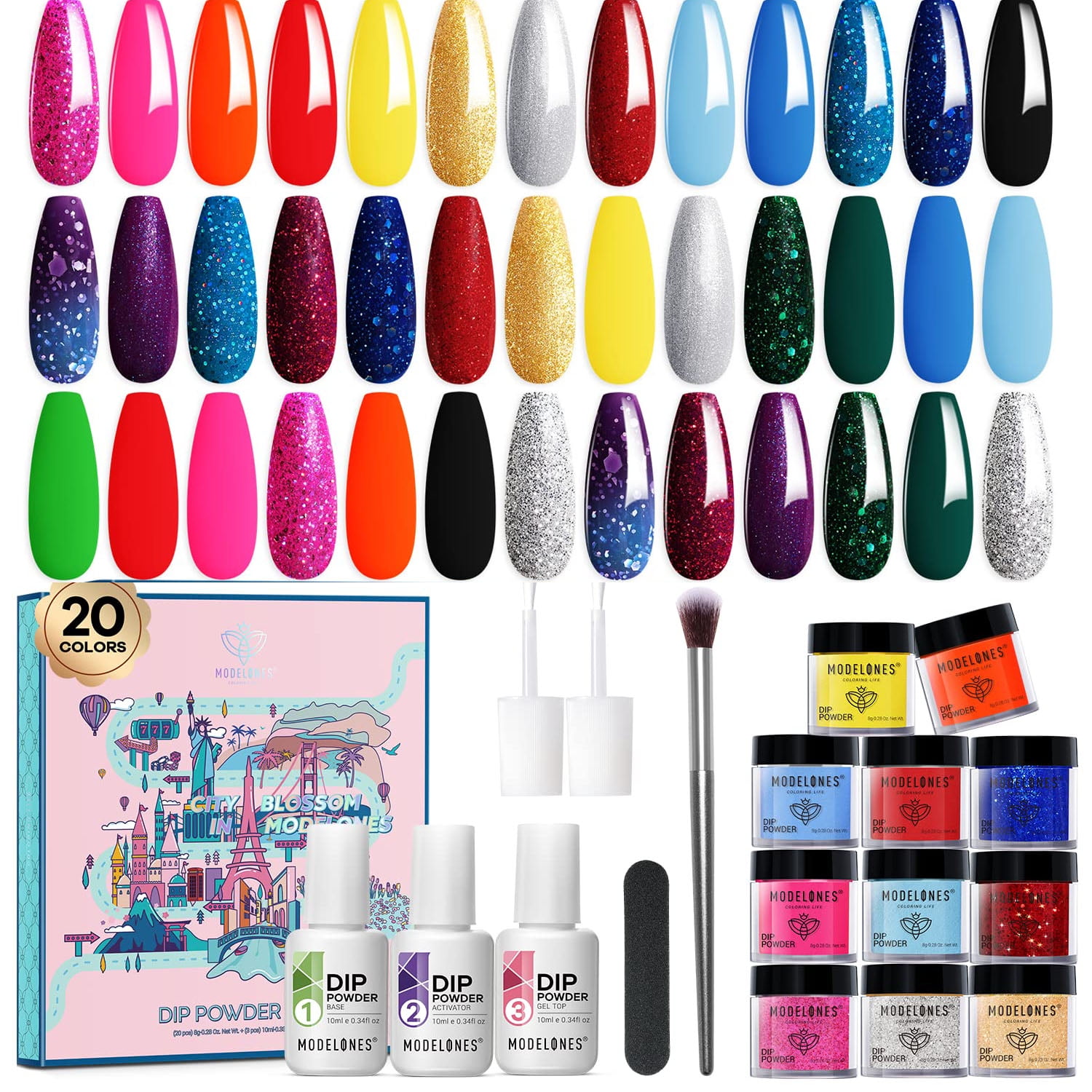 Modelones 20 Colors Dip Powder Nail Kit Starter, Popular Neon Pink ...