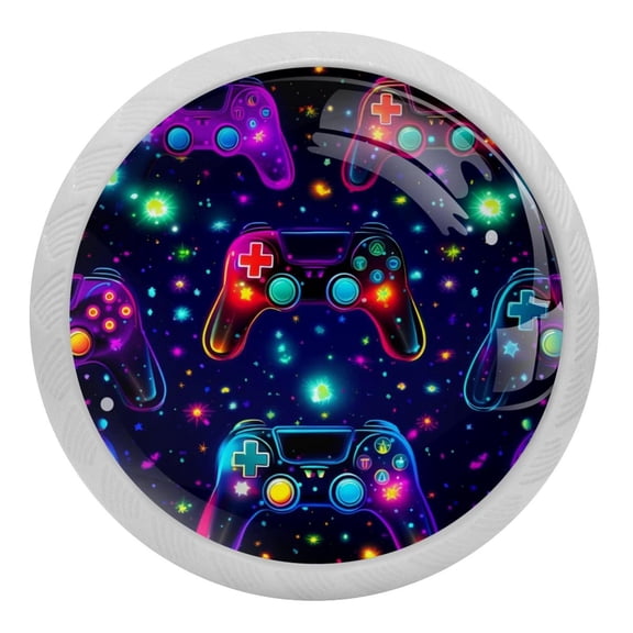 Game Controller Fluorescent Drawer Pulls with Screws - Round 4-Pack, Glow-in-the-Dark Knobs for Cabinets, Wardrobes, Dressers - Cupboard Handles, Fluorescence Pulls