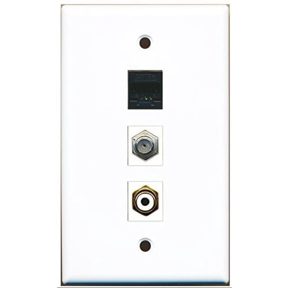 RiteAV - 1 Port RCA White and 1 Port Coax Cable TV- F-Type and 1 Port Cat5e Ethernet Black Wall Plate