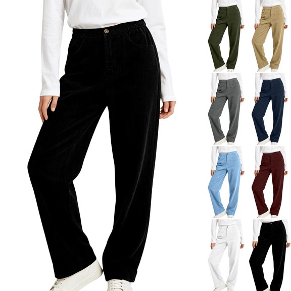 WULMLEO Women's Corduroy Straight Leg Pants Elastic Back Waist Button Zip Fly Loose Casual Trousers with Pockets Black 2XL