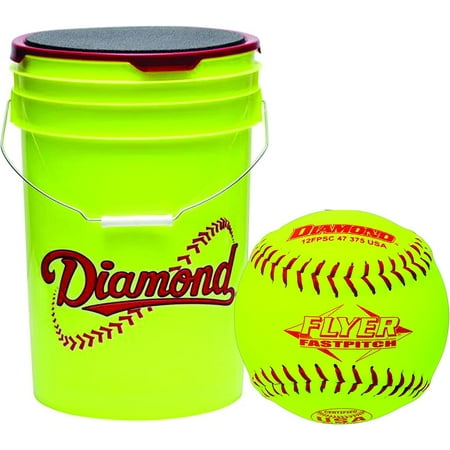 Diamond Sports Diamond Flyer Fastpitch 12 inch 12FPSC 47 375 USA Stamped 375 Compression .47 COR Softballs with Yellow Bucket - 18 Ball Pack