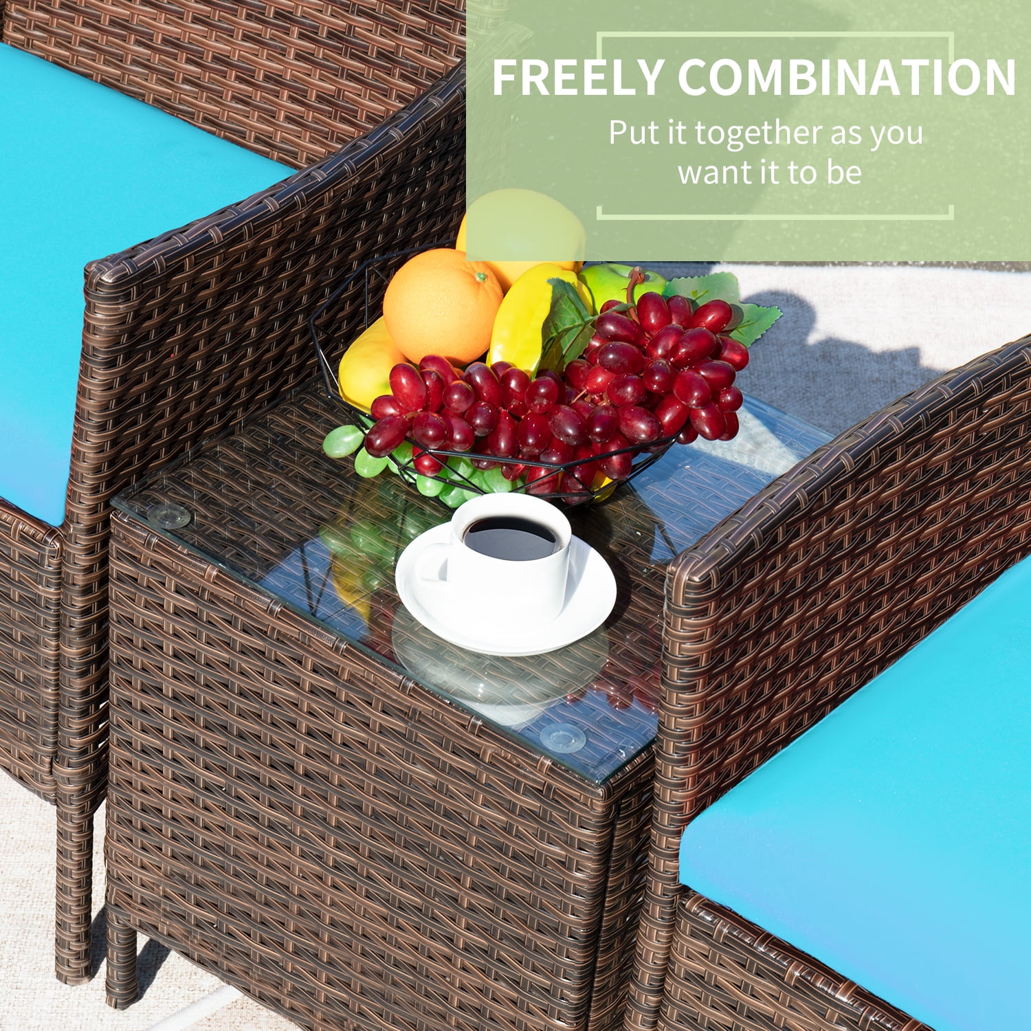 Devoko 3 Pieces Patio Furniture Set Outdoor Conversation Set Wicker Bistro Chairs Set of 2 with Coffee Table for Porch Backyard Balcony,, Brown/ Blue
