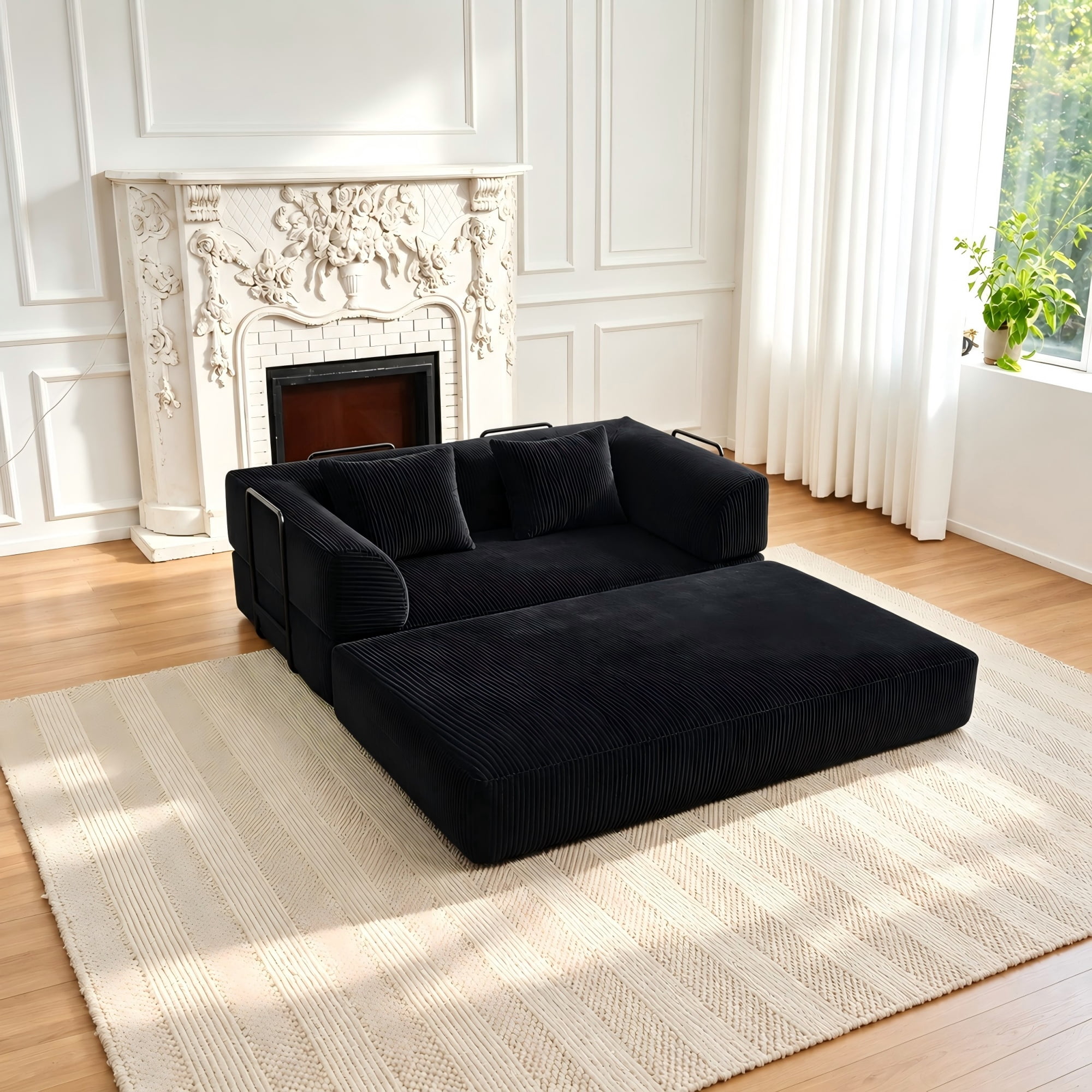 BSHTI 59" Corduroy Convertible Sleeper Sofa Bed with Cylindrical Pillow, No Assembly, Small Space for Living Room（Black）