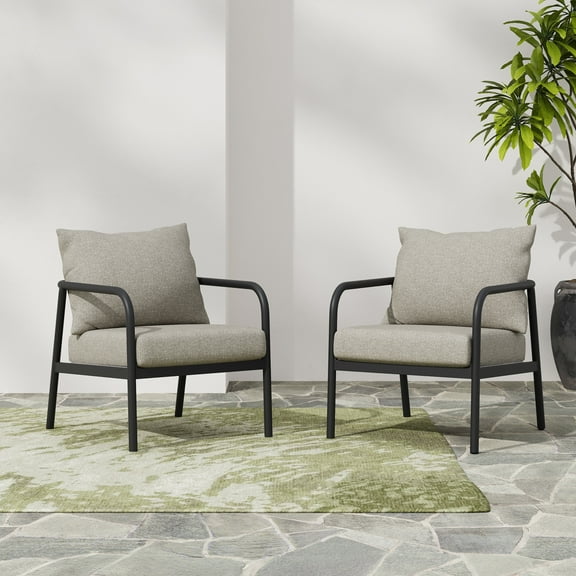 Aluminum Outdoor Club Chairs with Padded Cushions, Beige Black, Set of 2