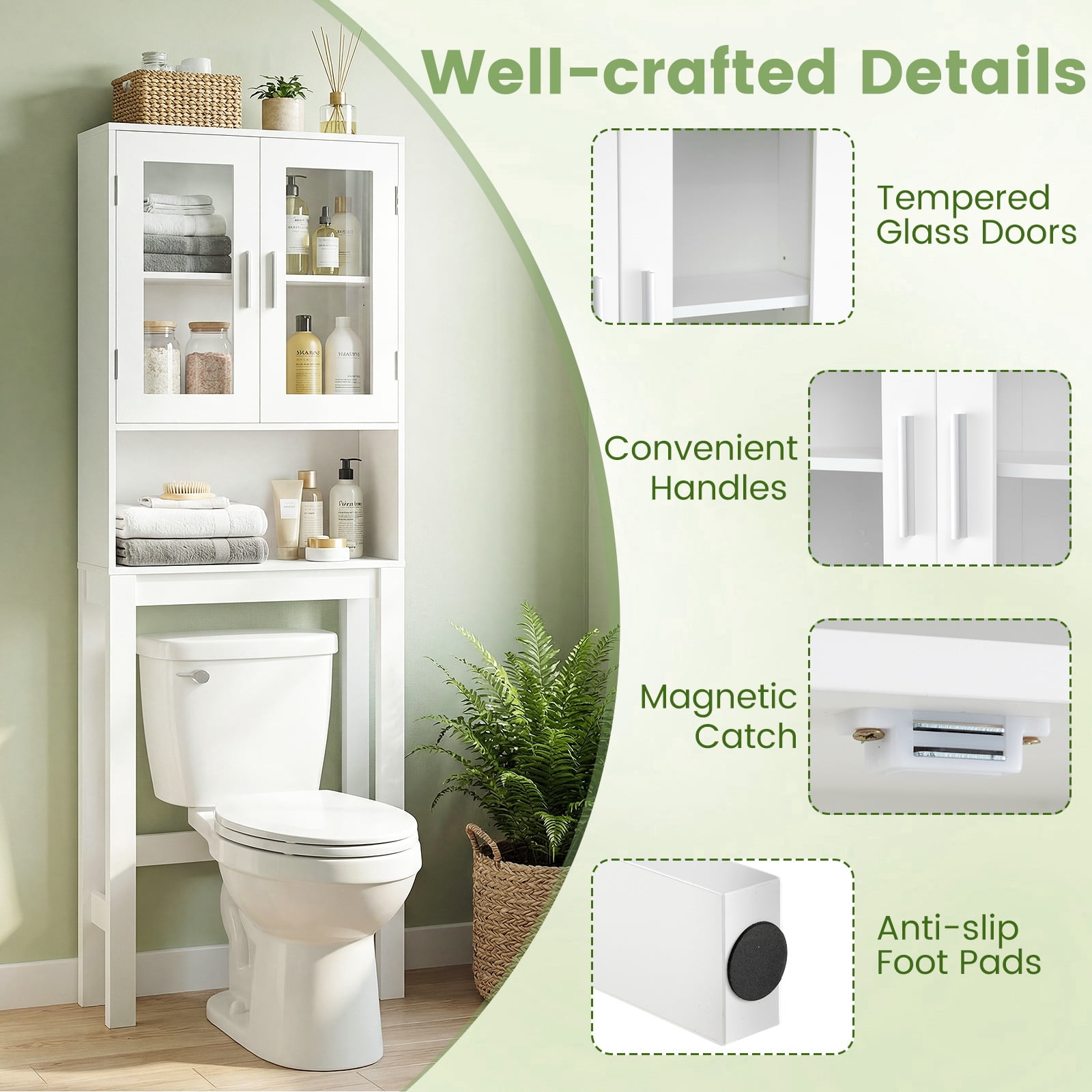 Giantex Wooden Over The Toilet Storage Cabinet, Home Bathroom Space Saver, Double Doors, Adjustable Shelf Organizer, Open Storage Shelf, Freestanding Toilet Storage Rack Unit