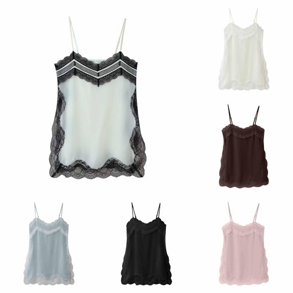Rggeeun Women Tank Tops Flowy Camisole Lace with Spaghetti Strap U Neck Relaxed Fit Waist Draping Solid Color for Summer Streetwear Comfort Sleeveless,White,S
