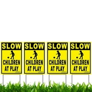 4-Pack 12" x 18" Slow - Children at Play Safety Caution Yard Signs - with Metal Stakes, Double-Sided, Waterproof, UV-Coated Ink