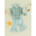 thumbnail image 3 of Loicainy Baby Toddler Girls 3 Piece Flare Pants Outfits 3 6 9 12 18 Months Ribbed Long Sleeves Romper and Daisy Print Elastic Pants Headband Set Fall Spring Clothes Set, 3 of 9