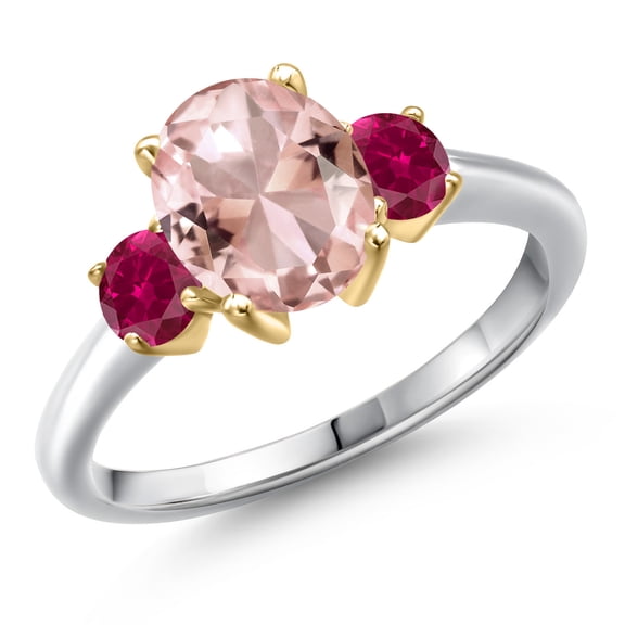 Gem Stone King 925 Silver and 10K Yellow Gold Peach Nano Morganite and Red Created Ruby Engagement Ring for Women | 2.50 Cttw | Oval 9X7MM | Gemstone October Birthstone | Size 7