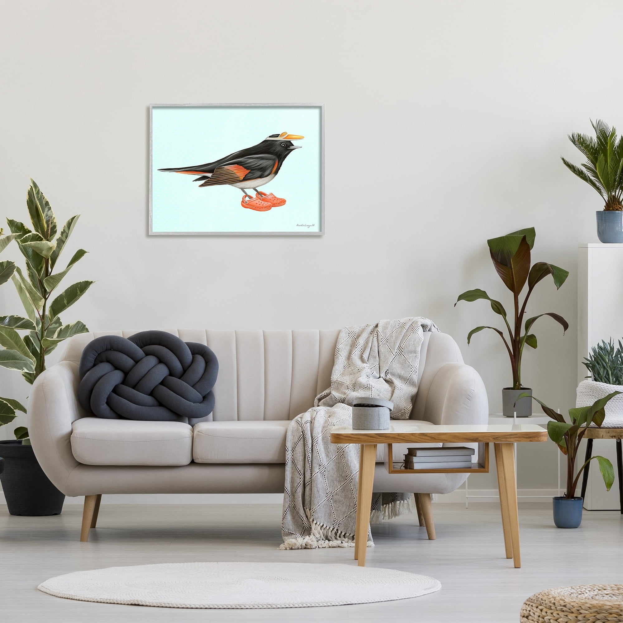 Stupell Industries Black Orange Bird Wearing Rubber Clogs Visor Graphic Art Gray Framed Art Print Wall Art, Design by Amelie Legault