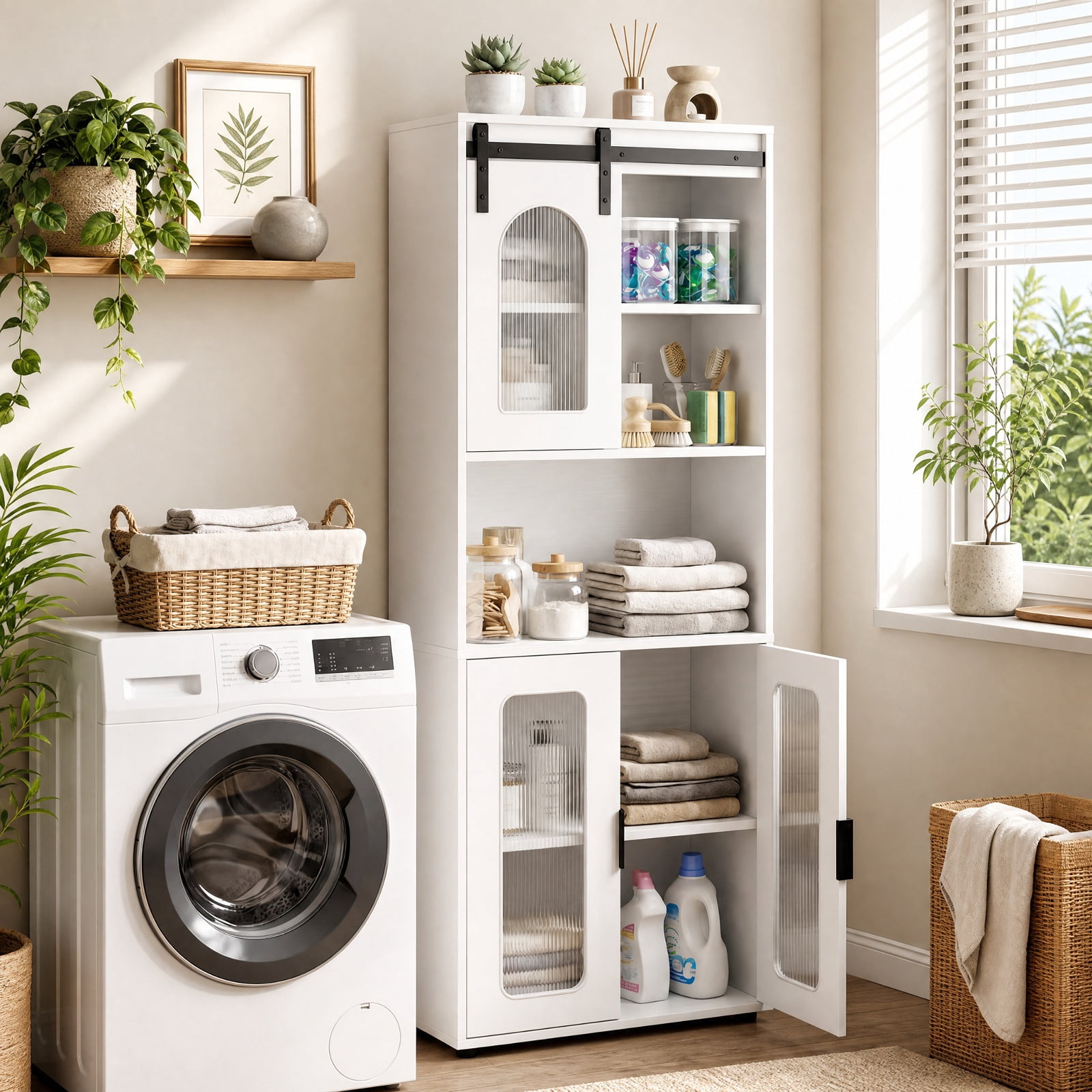 Vebreda Freestanding Bathroom Storage Cabinet, Farmhouse Bathroom Floor Cabinet with Sliding Barn Door, Large Storage Capacity