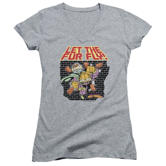 Garfield Let The Fur Fly Junior Women's V-Neck T-Shirt Athletic Heather