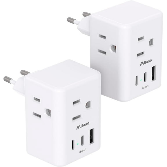 2 Pack European Travel Plug Adapter, International Power Plug Adapter with 3 Outlets 3 USB Charging Ports(2 USB C), Type C Plug Adapter Europe Travel Essentials to Spain Italy France