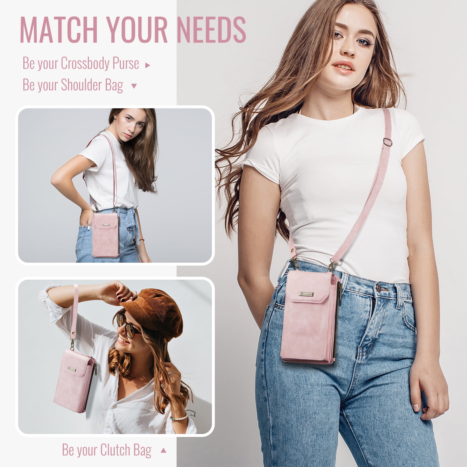 Crossbody Cell Phone Purse Bag for Women Men, Small Leather Wallet with 10 Card Slots, Zipper Pocket & Adjustable Strap Shoulder Bag Clutch with Magnetic Closure Fits Most Smartphones Under 7.3",Pink