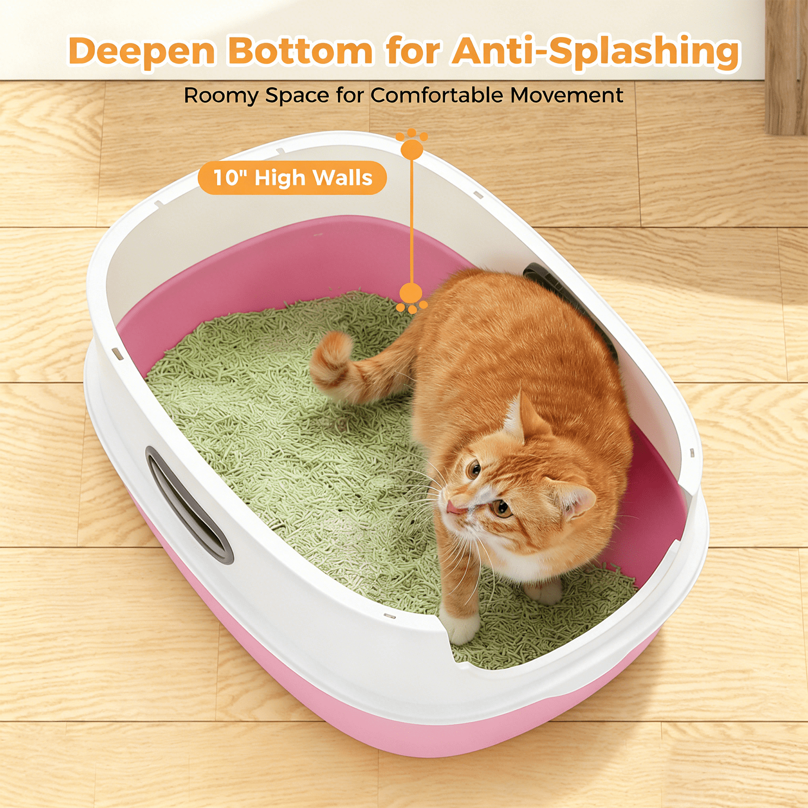 spacious fully enclosed pink cat litter box with a cat litter scoop