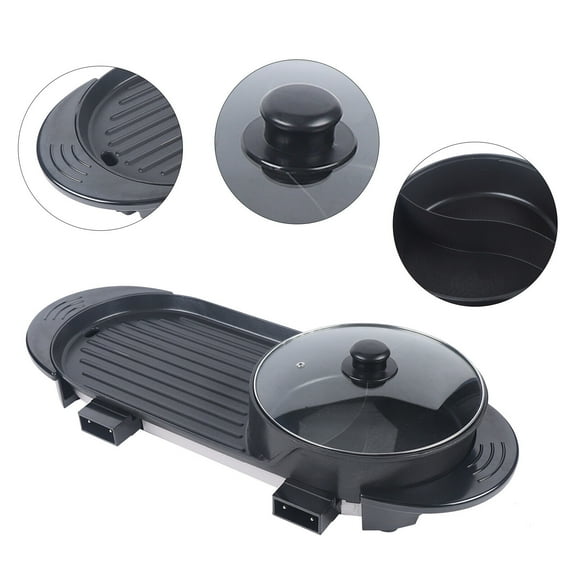 Electric Barbecue Pan Grill Hot Pot Combo, 2 in 1 Pot Non-stick Pot with Lid 110V Black