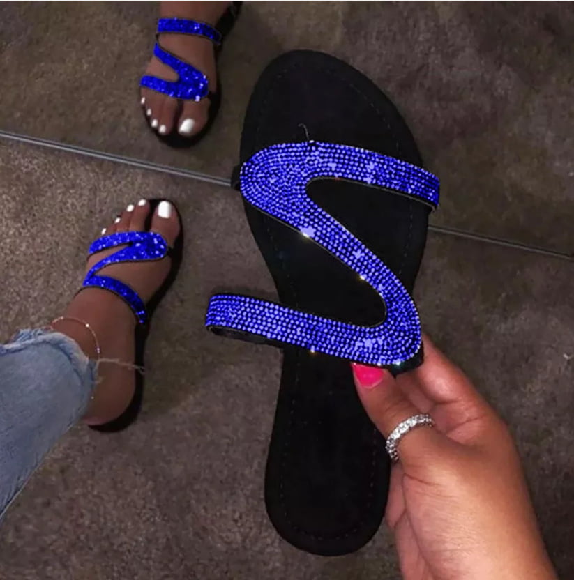 Women Bling Rhinestone Flat Sandals Ladies Casual Slip On Sliders Slippers Shoes