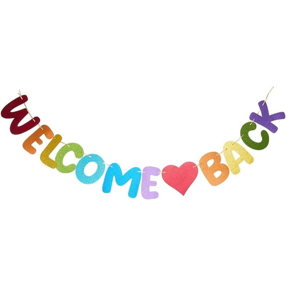 Welcome Back Banner First Day of School Banner Colorful Paper Glitter Classroom Party Heart Bulletin Board Decorations Hanging Garland Sign for Teacher Student Coworker Home Backdrop Supplies