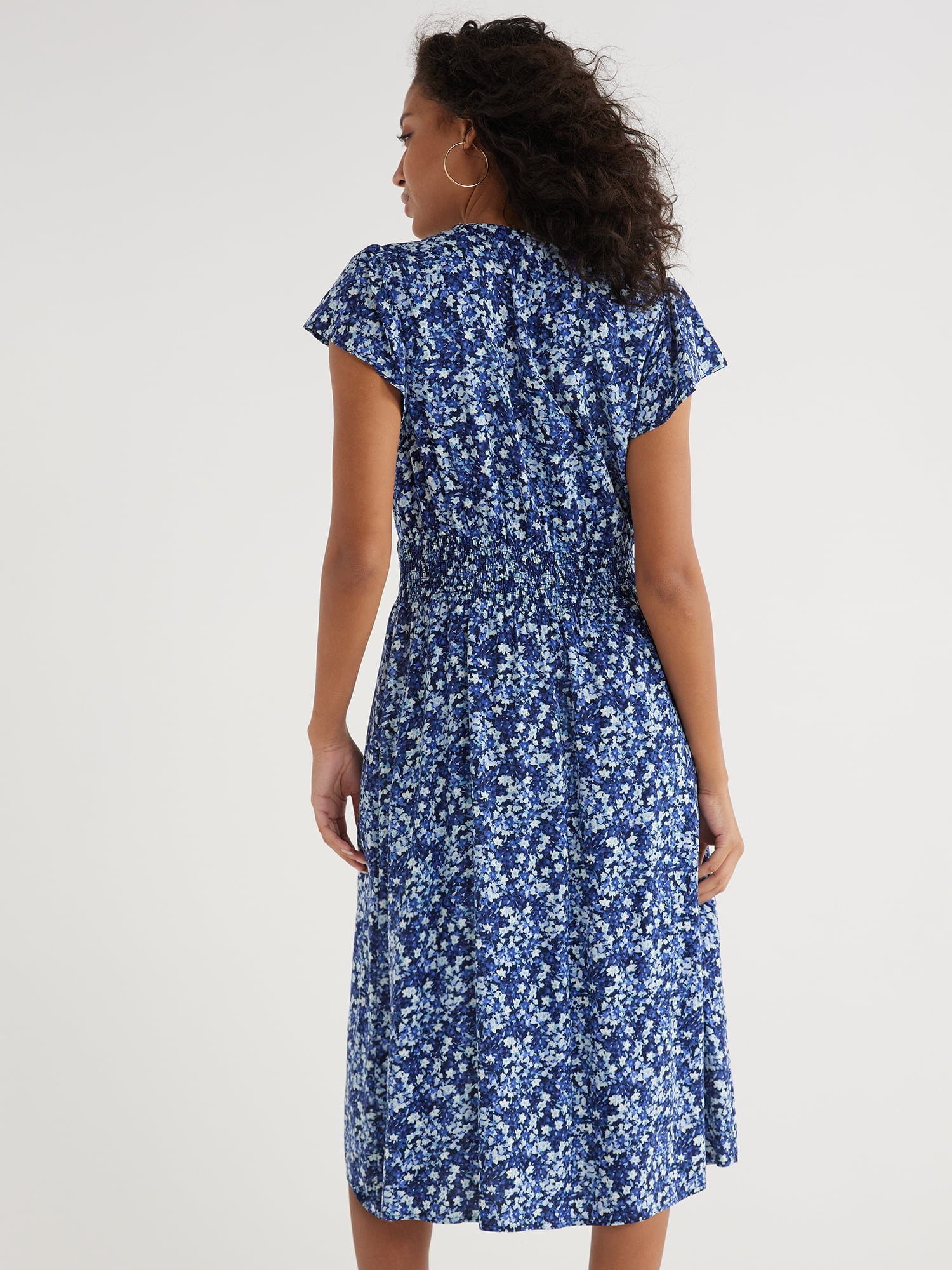 Time and Tru Women's and Women's Plus Smocked Waist Midi Dress with Short Sleeves, Sizes XS-4X